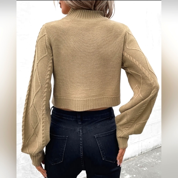Lantern Sleeve Cable Knit Mock Neck Crop Sweater Khaki - Picture 4 of 4